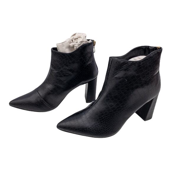 Atalina Black Croc Embossed Pointed Toe Tall Block Heel Ankle Boots 9 Women's - Picture 3 of 9